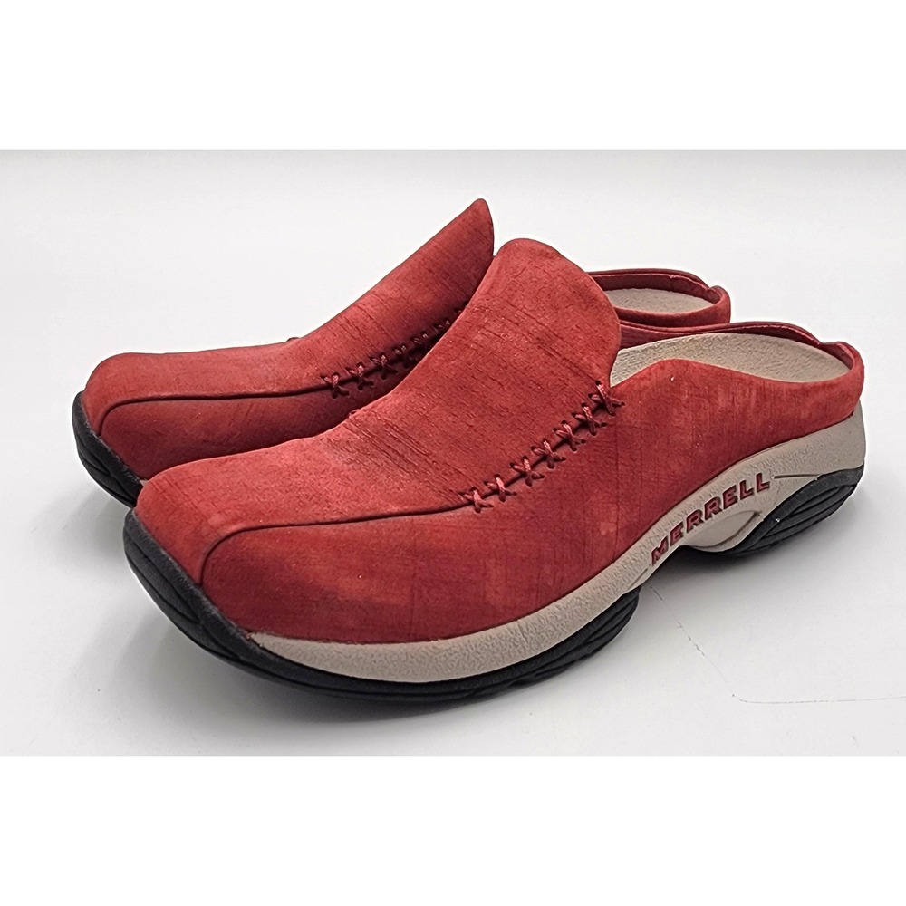 Merrell Primo Seam Red Ember Mules Womens 7 Red Leather Clogs 63510 VGC Slip On